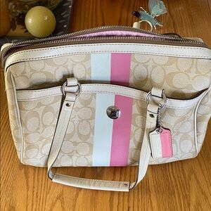 COACH Heritage Stripe Zip Satchel Handbag in White/Pink Stripes and Signature